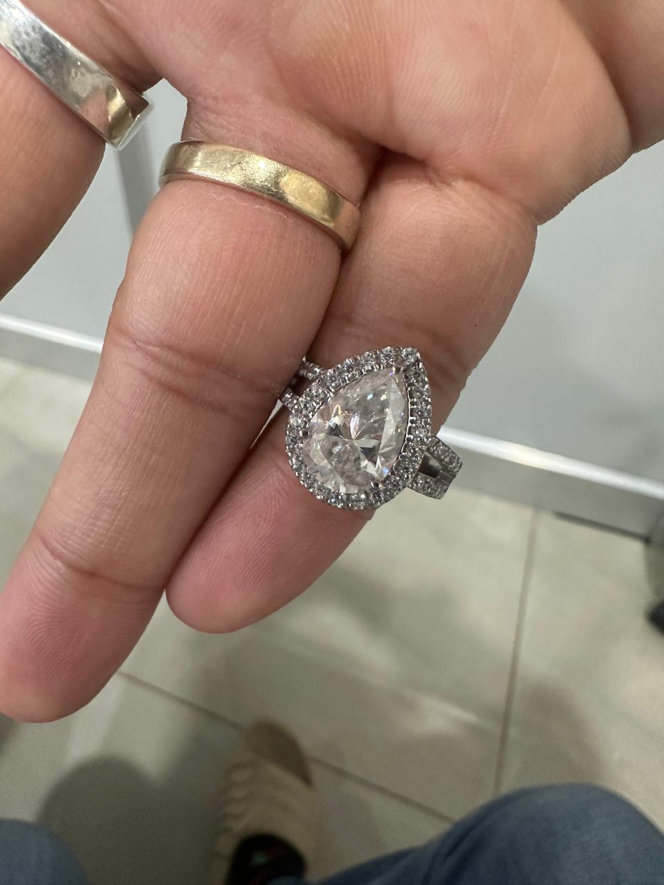 Pear Cut Moissanite Halo Split Band Engagement Ring in 14K White Gold Finish, Pear Shaped Bridal Ring, Luxury Promise Ring Gift for Her