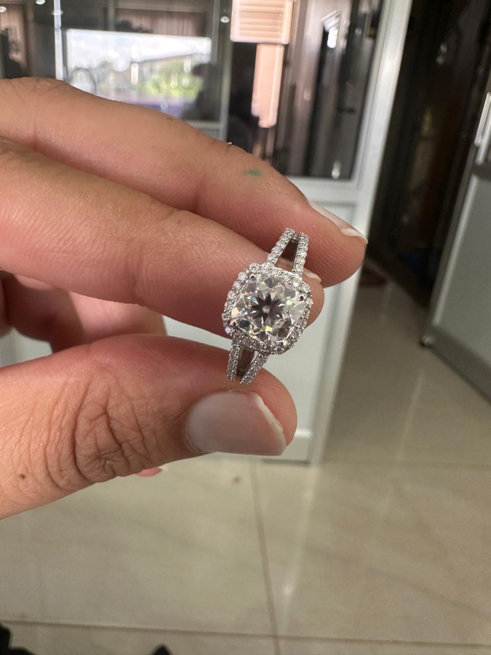 Cushion Moissanite Halo Engagement Ring – 925 Sterling Silver, 14k White Gold Finish