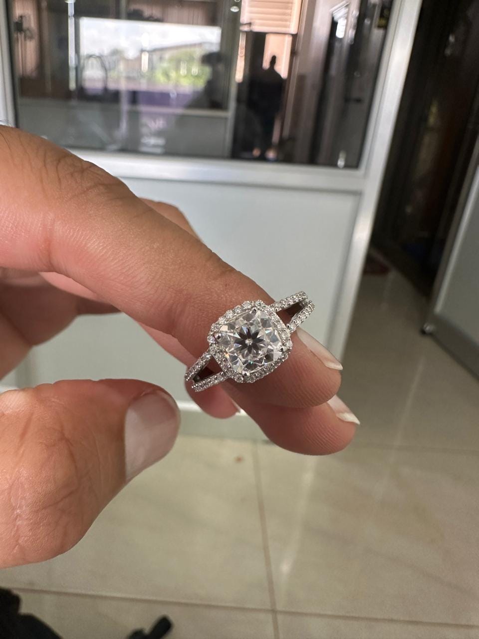 Cushion Moissanite Halo Engagement Ring – 925 Sterling Silver, 14k White Gold Finish