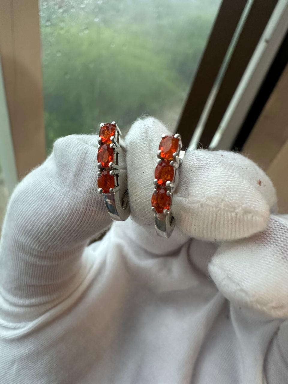 Natural Fire Opal Huggie Hoop Earrings for gift | 925 Silver, Orange gemstone jewelry