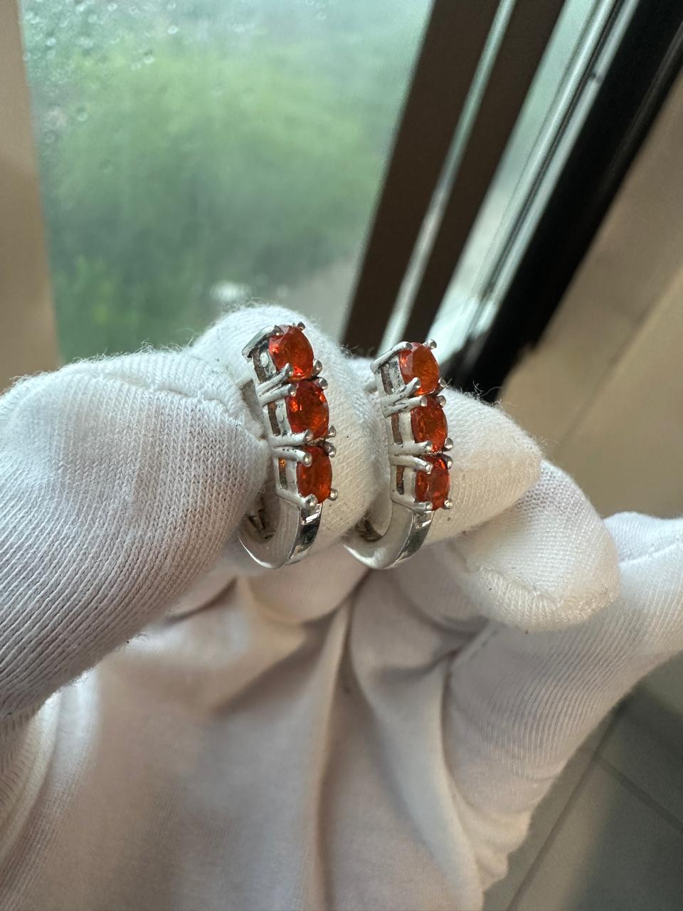 Natural Fire Opal Huggie Hoop Earrings for gift | 925 Silver, Orange gemstone jewelry