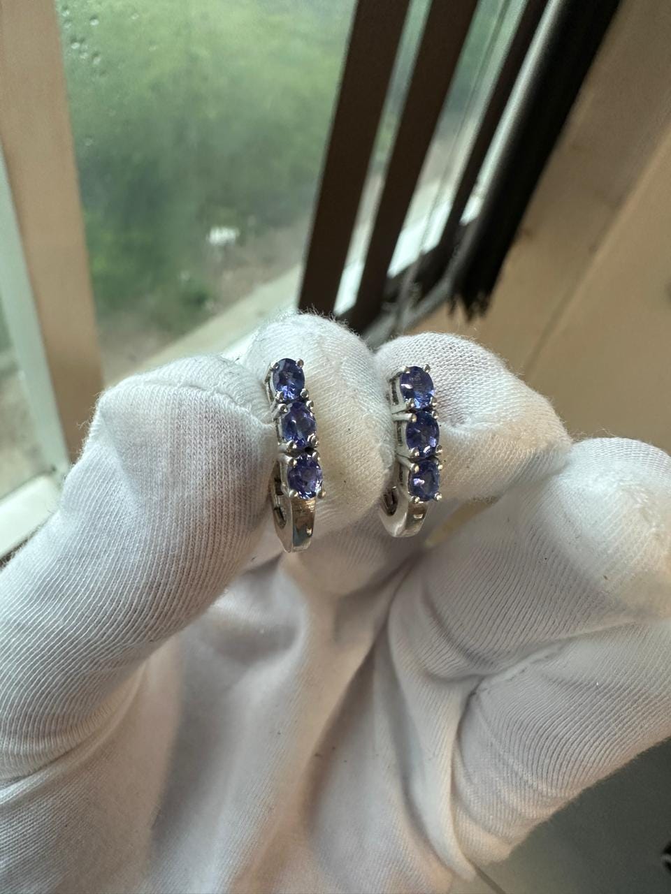 14k White Gold Tanzanite Huggies Hoop Earrings, December Birthstone, Gift for her