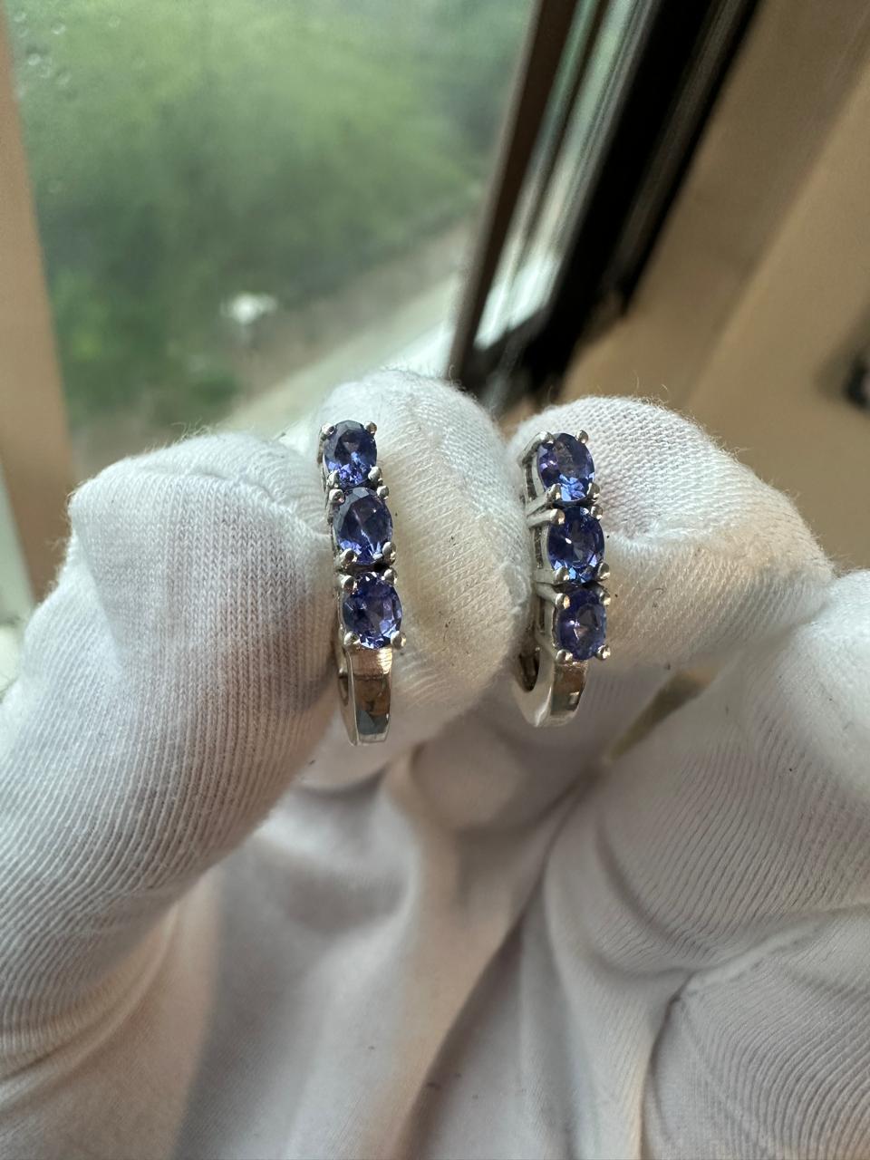 14k White Gold Tanzanite Huggies Hoop Earrings, December Birthstone, Gift for her