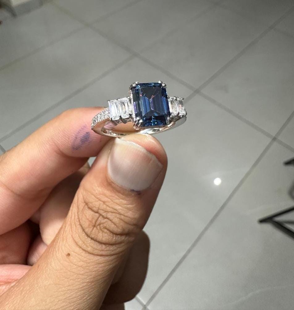 3 CT Emerald Cut Blue Moissanite Engagement Ring, 14K White Gold Anniversary Ring