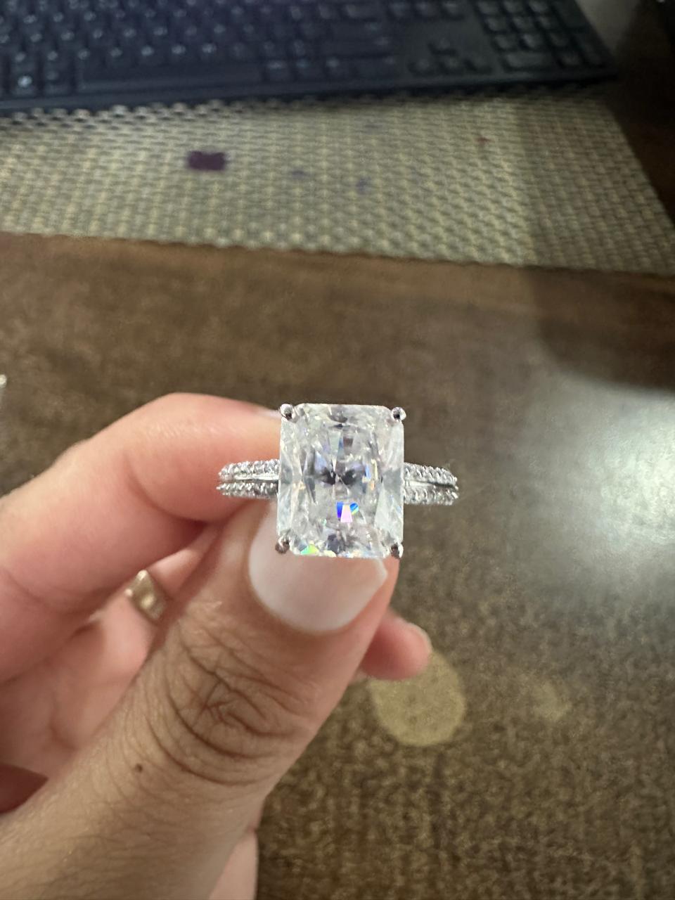 Radiant Cut Moissanite Engagement Ring, Double Pavé Band Ring, Anniversary Gift for Her