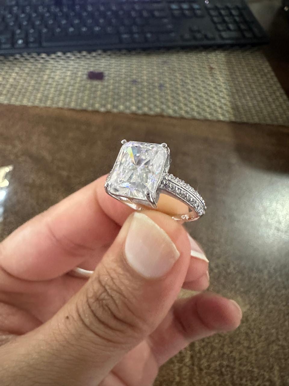 Radiant Cut Moissanite Engagement Ring, Double Pavé Band Ring, Anniversary Gift for Her