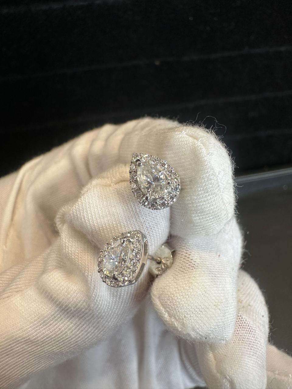 Pear Moissanite Halo Stud Earrings | 925 Sterling Silver, Platinum Finish