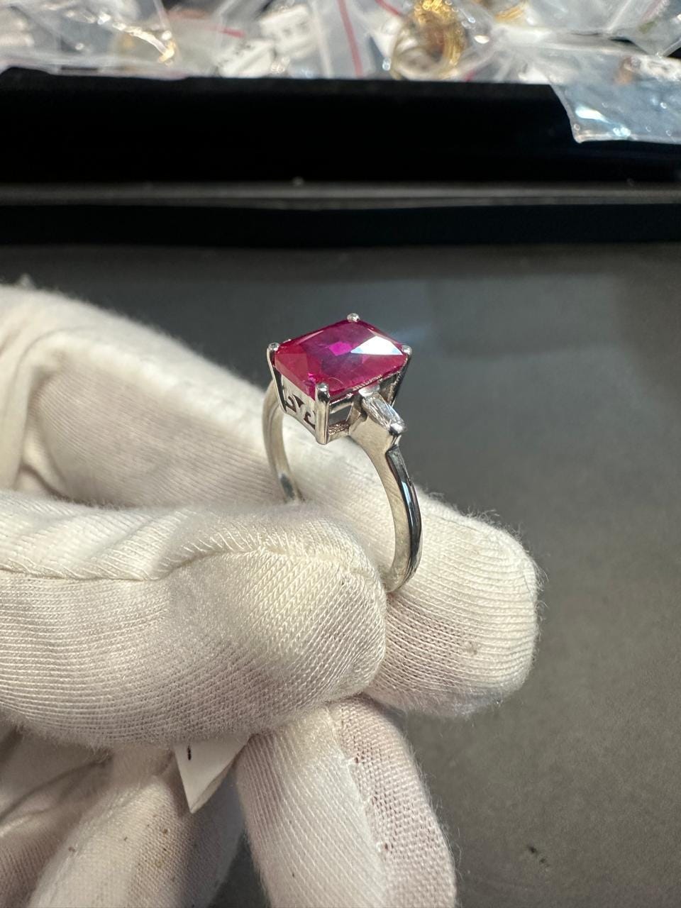 2.5 CT Emerald Cut Ruby Engagement Ring, Three Stone Moissanite, 14K White Gold Ring