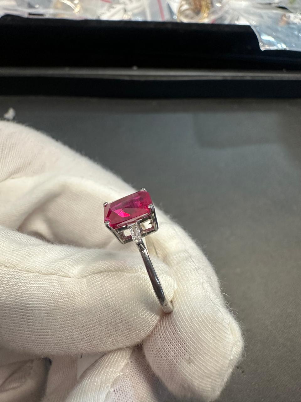 2.5 CT Emerald Cut Ruby Engagement Ring, Three Stone Moissanite, 14K White Gold Ring
