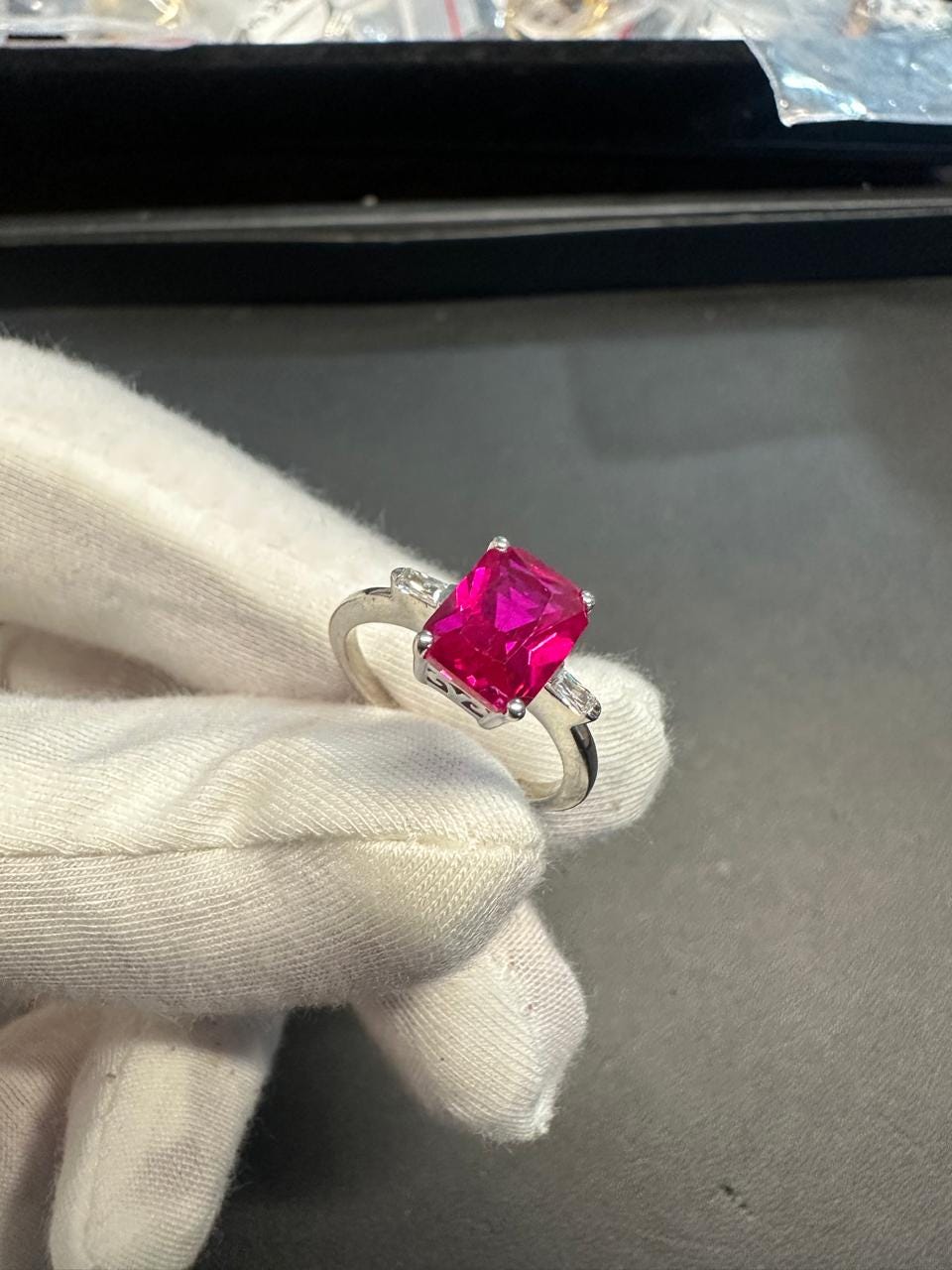 2.5 CT Emerald Cut Ruby Engagement Ring, Three Stone Moissanite, 14K White Gold Ring