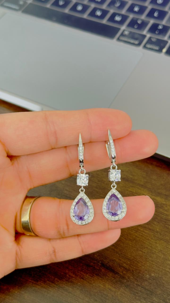 Amethyst Pear Drop Earrings | Moissanite Halo, Sterling Silver