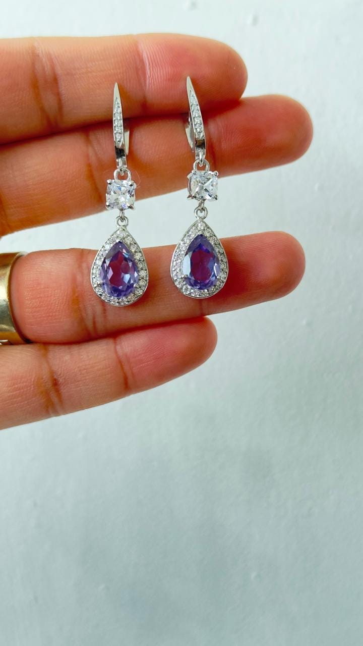 Amethyst Pear Drop Earrings | Moissanite Halo, Sterling Silver