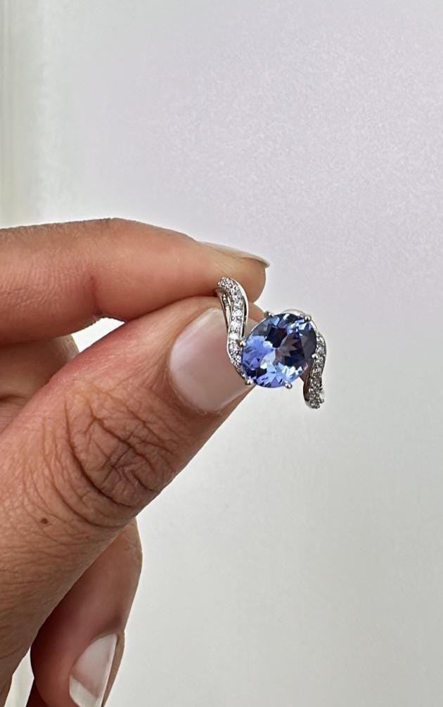 Natural Tanzanite Ring, 14k White Gold, Unique Engagement Ring for her