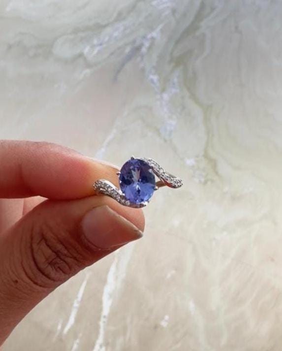 Natural Tanzanite Ring, 14k White Gold, Unique Engagement Ring for her
