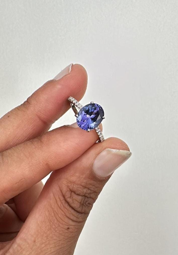 3CT Oval Tanzanite Engagement Ring, Solid 14k Gold, First Anniversary Gift for her