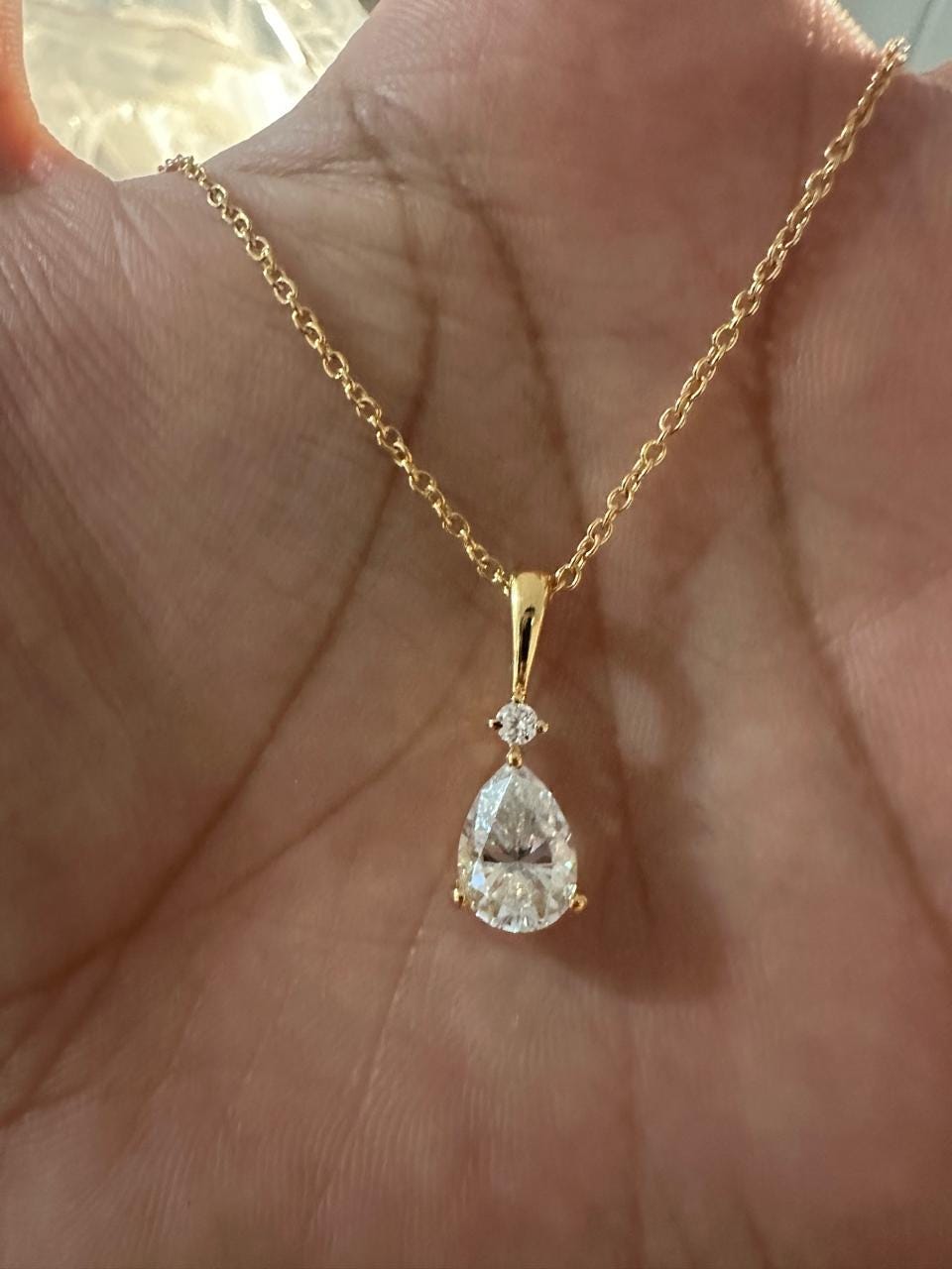 Pear Moissanite Teardrop Pendant Necklace, 14K Yellow Gold Solitaire, Elegant Fine Jewelry