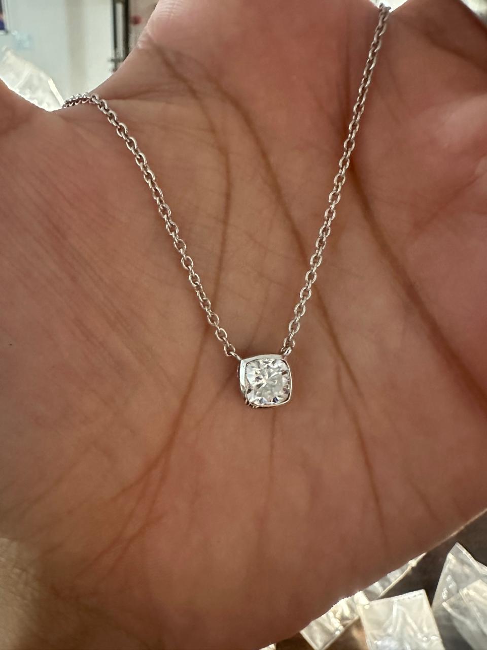 Moissanite Cushion Bezel Set Pendant Necklace: 14K Gold Vermeil, Romantic Jewelry