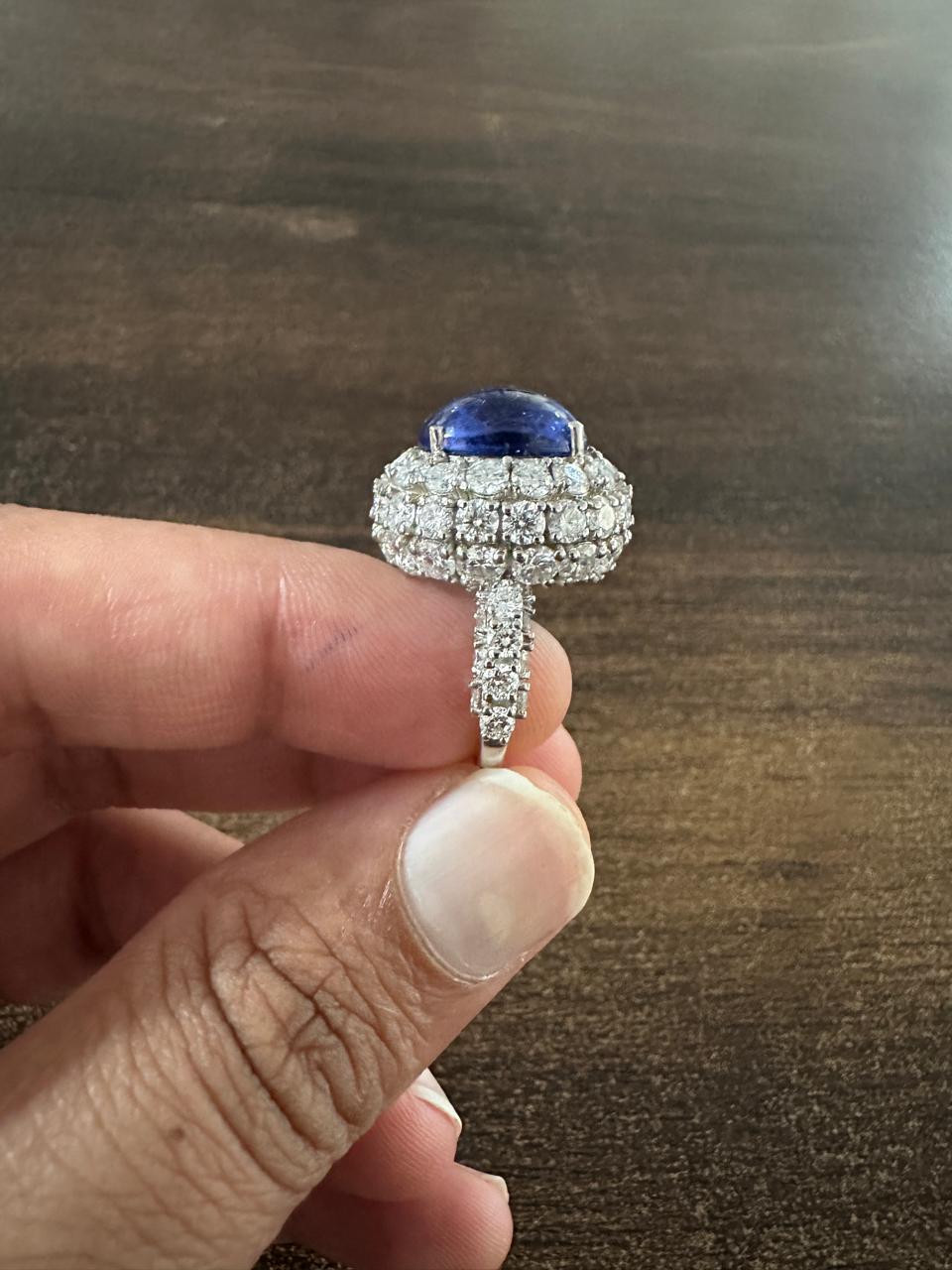 Lab-Grown Royal Blue Sapphire Halo Ring: 14K White Gold Statement Cocktail Ring