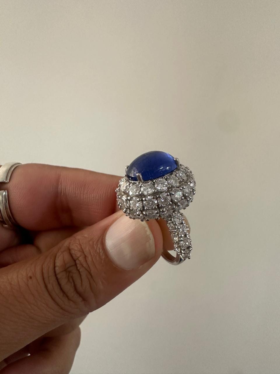 Lab-Grown Royal Blue Sapphire Halo Ring: 14K White Gold Statement Cocktail Ring