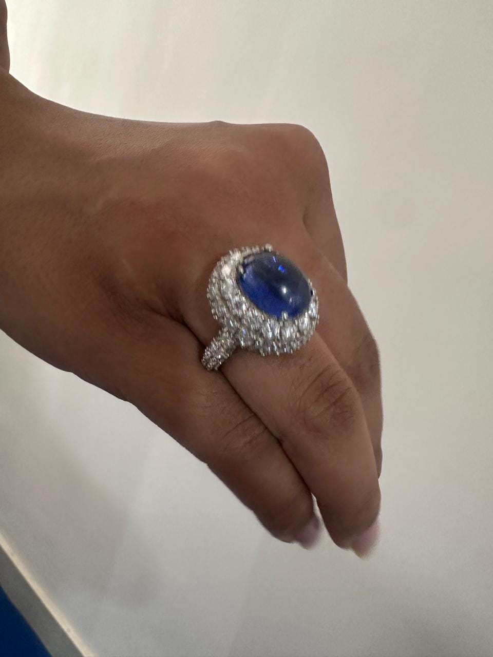 Lab-Grown Royal Blue Sapphire Halo Ring: 14K White Gold Statement Cocktail Ring