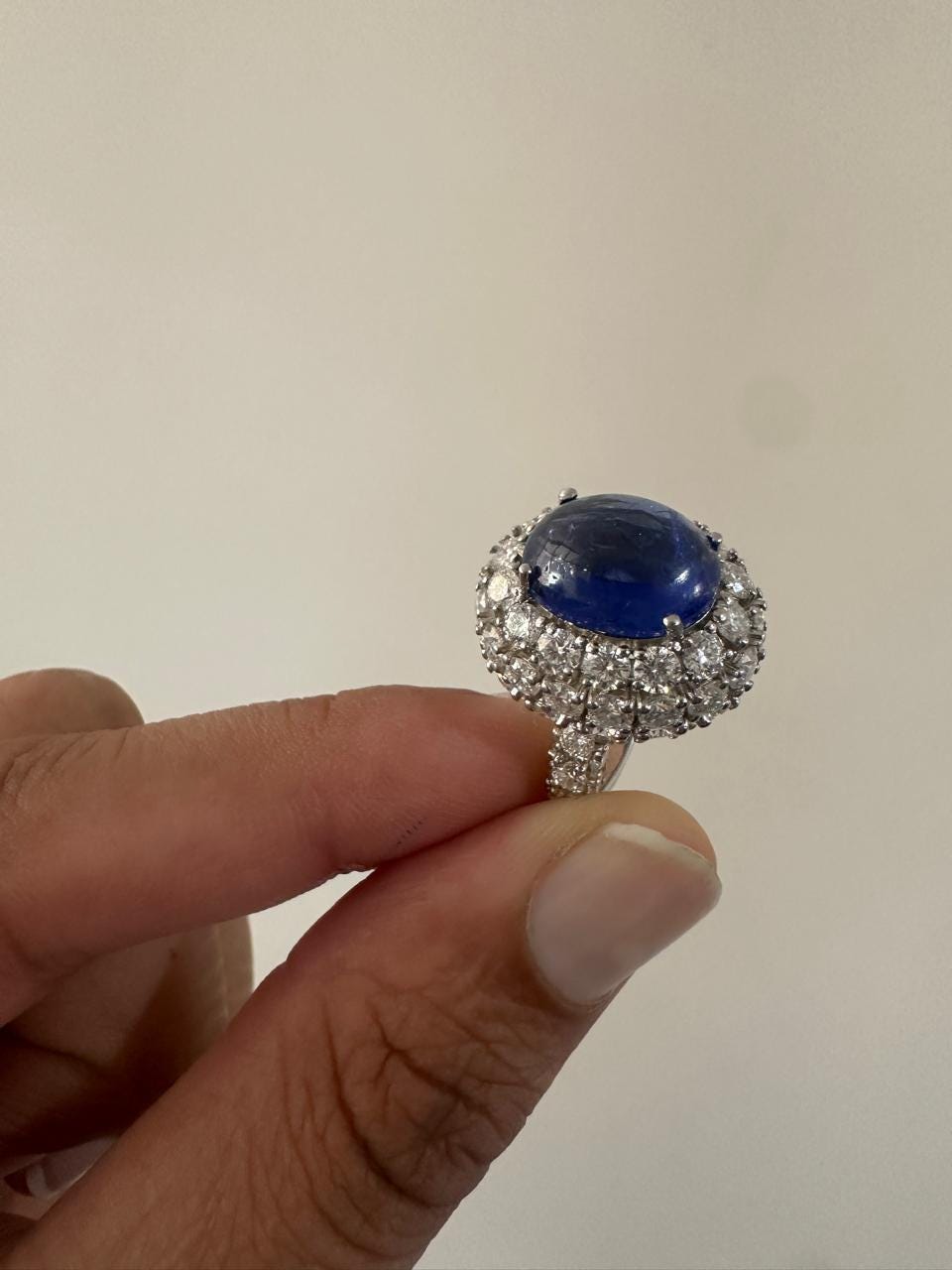 Lab-Grown Royal Blue Sapphire Halo Ring: 14K White Gold Statement Cocktail Ring