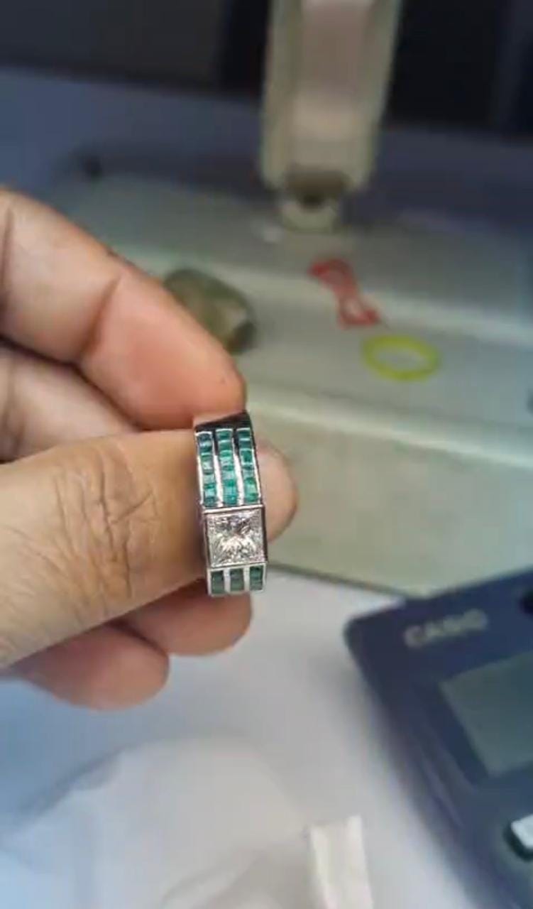 Men's Lab Diamond & Emerald Ring: 14K White Gold Anniversary Band