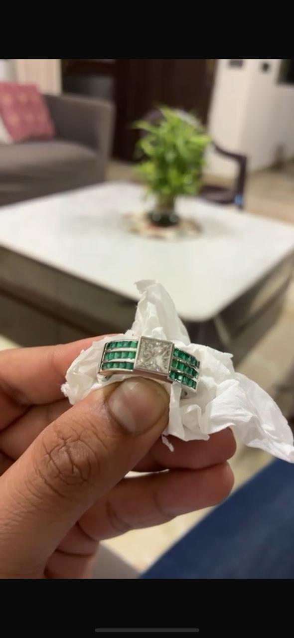 Men's Lab Diamond & Emerald Ring: 14K White Gold Anniversary Band