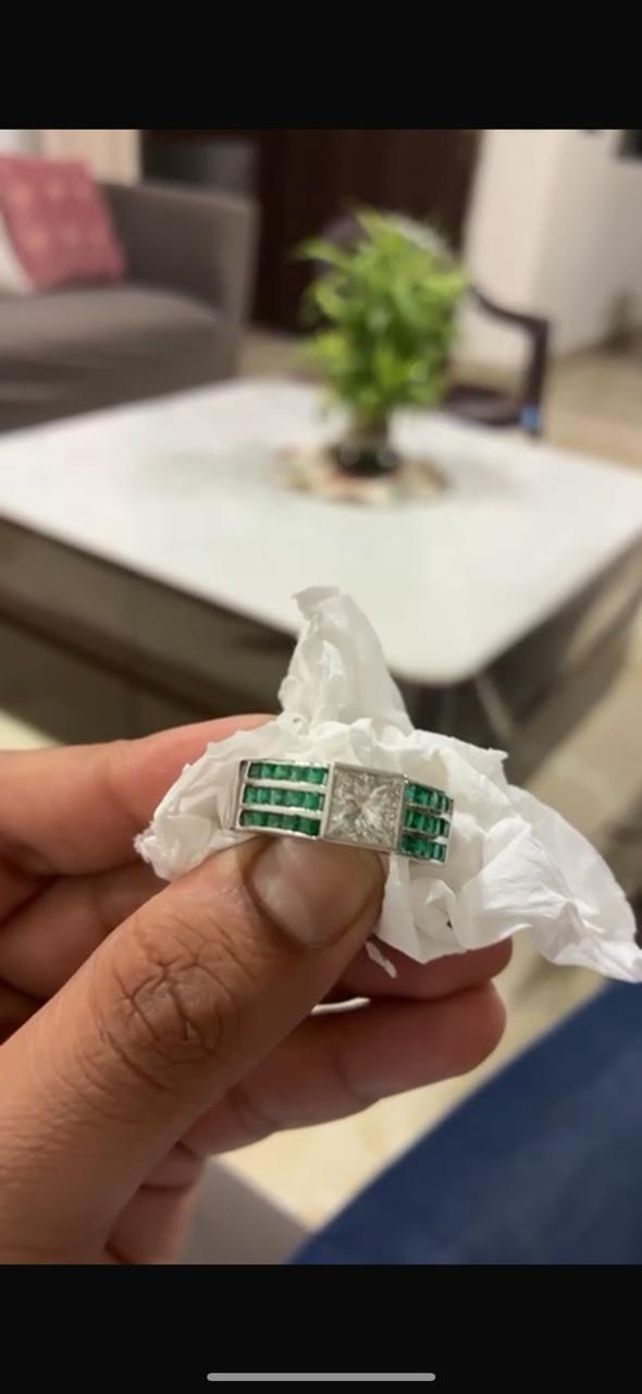 Men's Lab Diamond & Emerald Ring: 14K White Gold Anniversary Band
