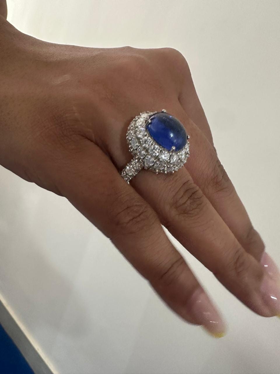 Lab-Grown Royal Blue Sapphire Halo Ring: 14K White Gold Statement Cocktail Ring