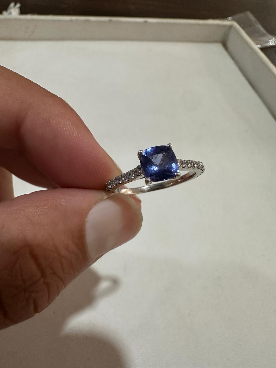 1 CT Cushion Tanzanite Moissanite Ring | 14K White Gold Minimal Engagement Ring
