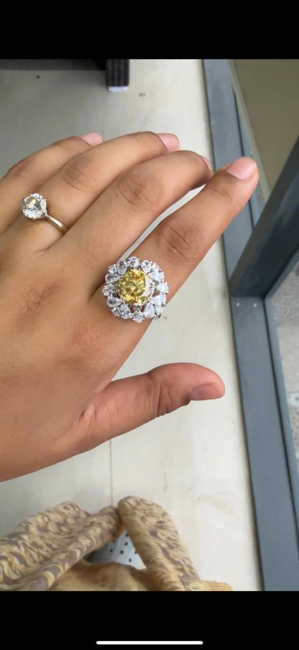 Yellow Cushion Moissanite Cocktail Ring: Platinum Finish, Sterling Silver
