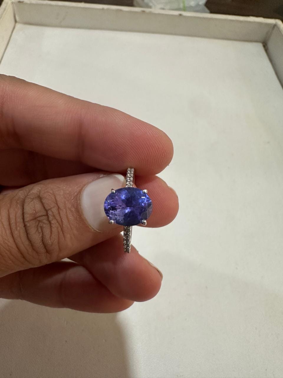 3 CT AAA Tanzanite Engagement Ring, 14K White Gold Diamond Pavé Band