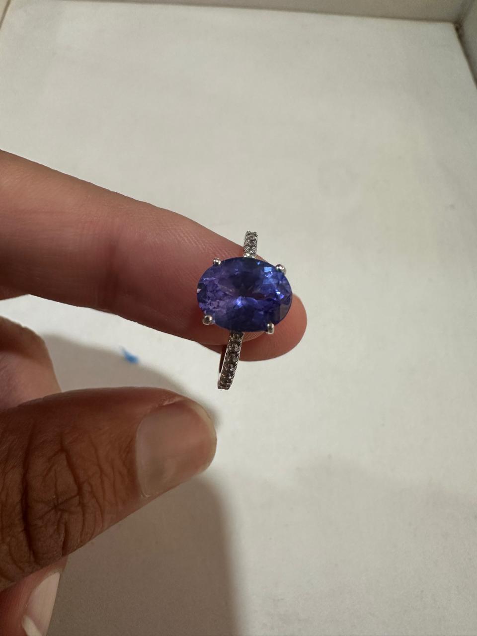 3 CT AAA Tanzanite Engagement Ring, 14K White Gold Diamond Pavé Band