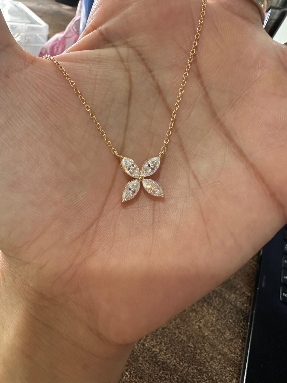 Moissanite Flower Necklace | 14K Gold Vermeil Marquise Pendant for women