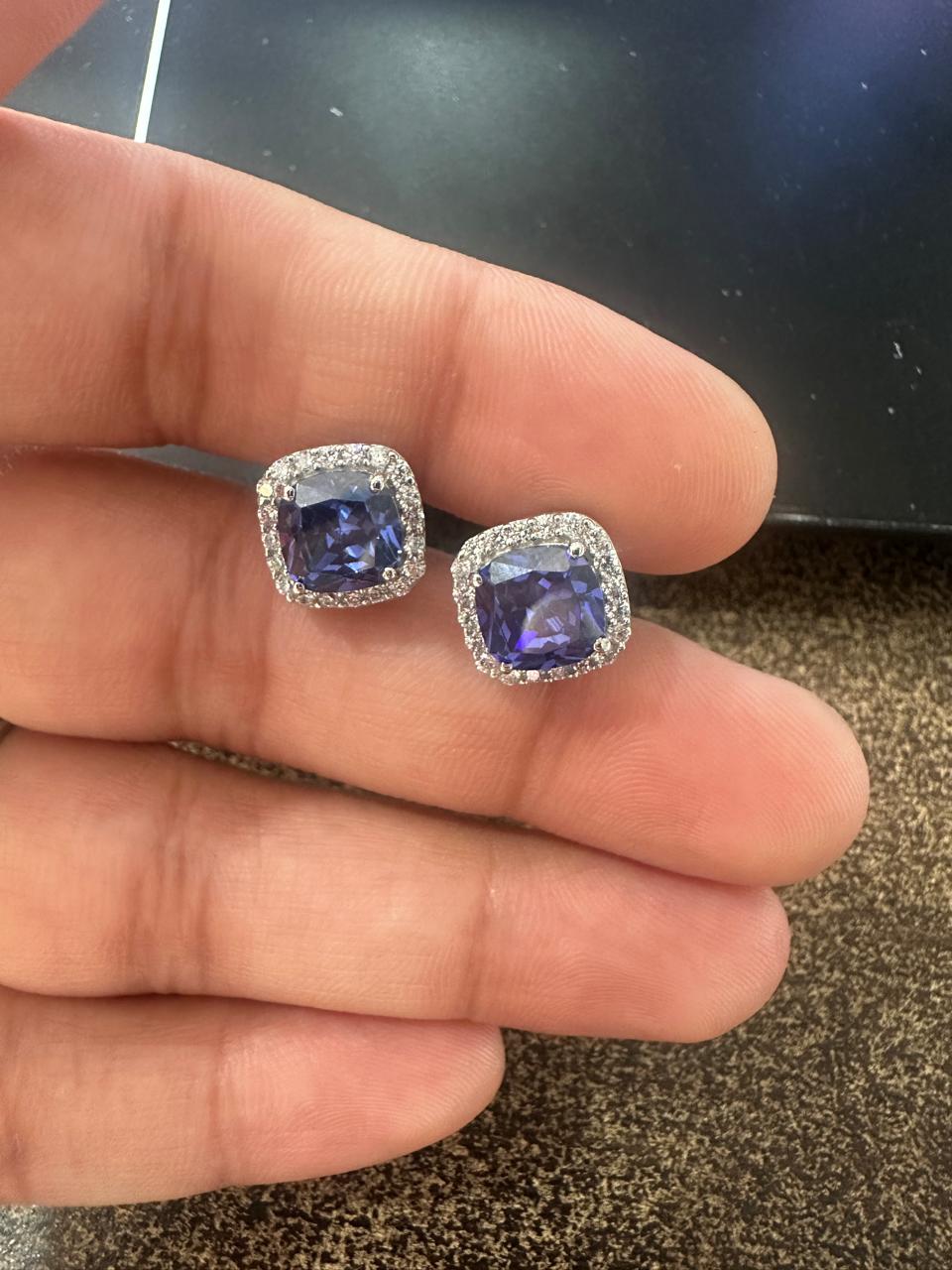 Lab Sapphire Cushion Cut Halo Stud Earrings: 14K White Gold, Moissanite Accents