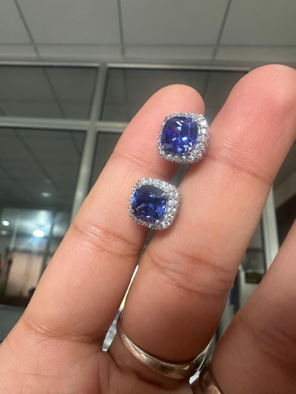 Lab Sapphire Cushion Cut Halo Stud Earrings: 14K White Gold, Moissanite Accents