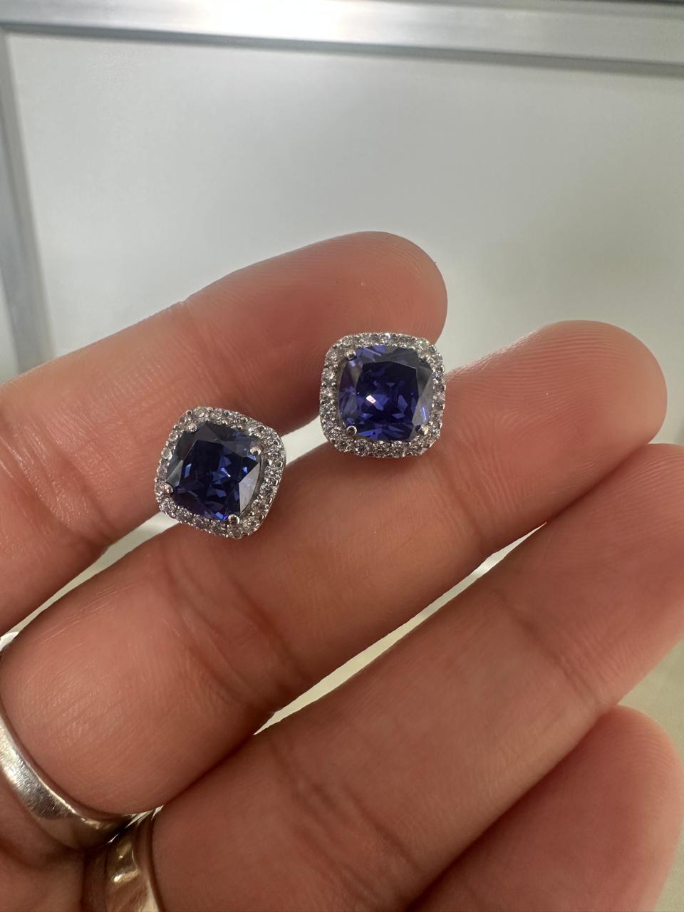Lab Sapphire Cushion Cut Halo Stud Earrings: 14K White Gold, Moissanite Accents
