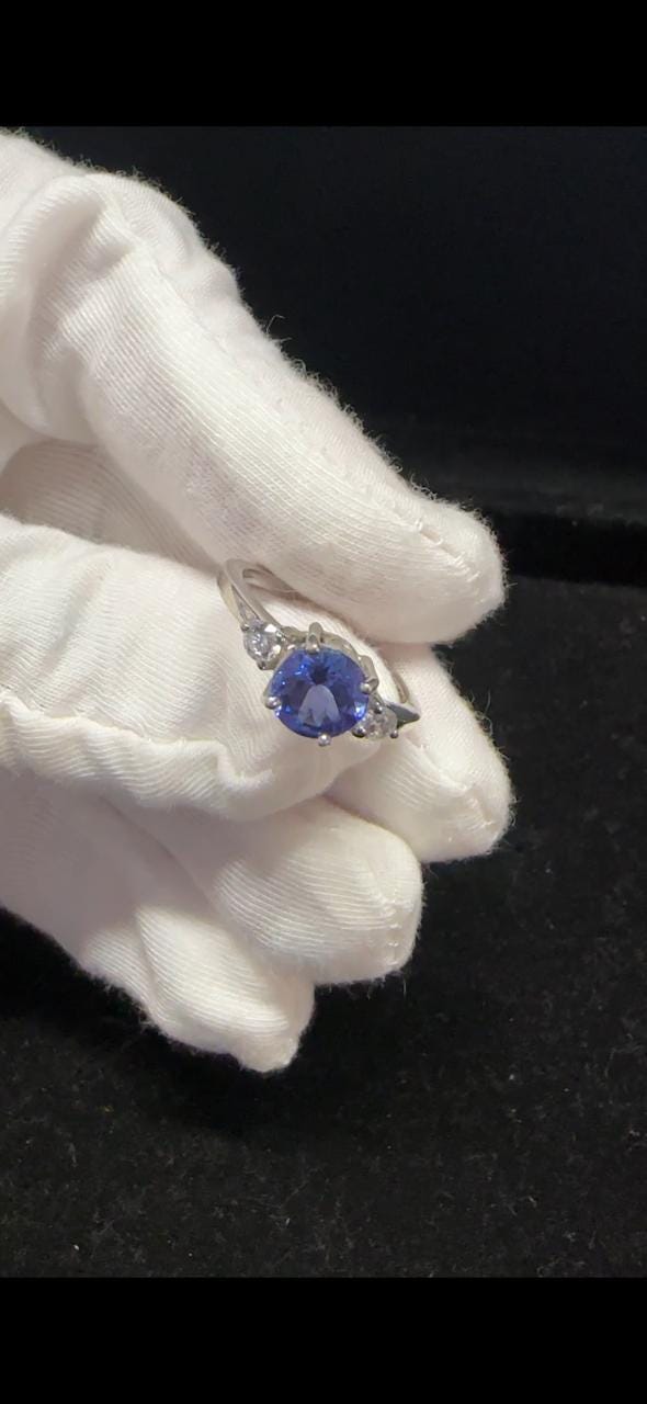 1 CT Round Tanzanite Engagement Ring, 14K White Gold Three Stone Moissanite Ring