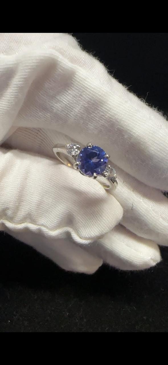 1 CT Round Tanzanite Engagement Ring, 14K White Gold Three Stone Moissanite Ring
