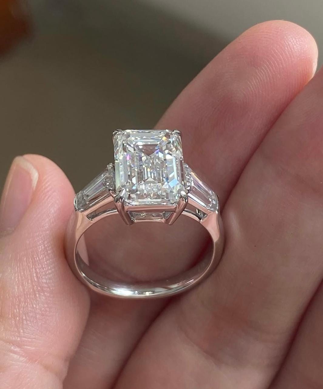 Emerald Cut Moissanite Engagement Ring: 14K White Gold Vermeil, Three Stone