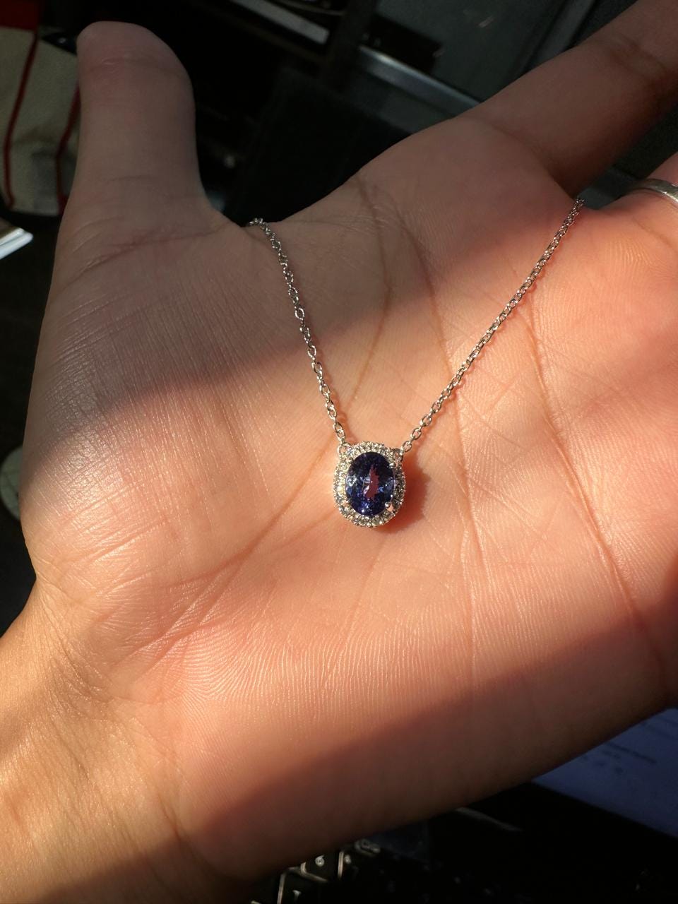 Natural Tanzanite Halo Pendant | 14k White Gold Moissanite Necklace