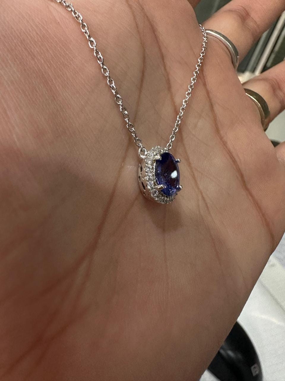 Natural Tanzanite Halo Pendant | 14k White Gold Moissanite Necklace