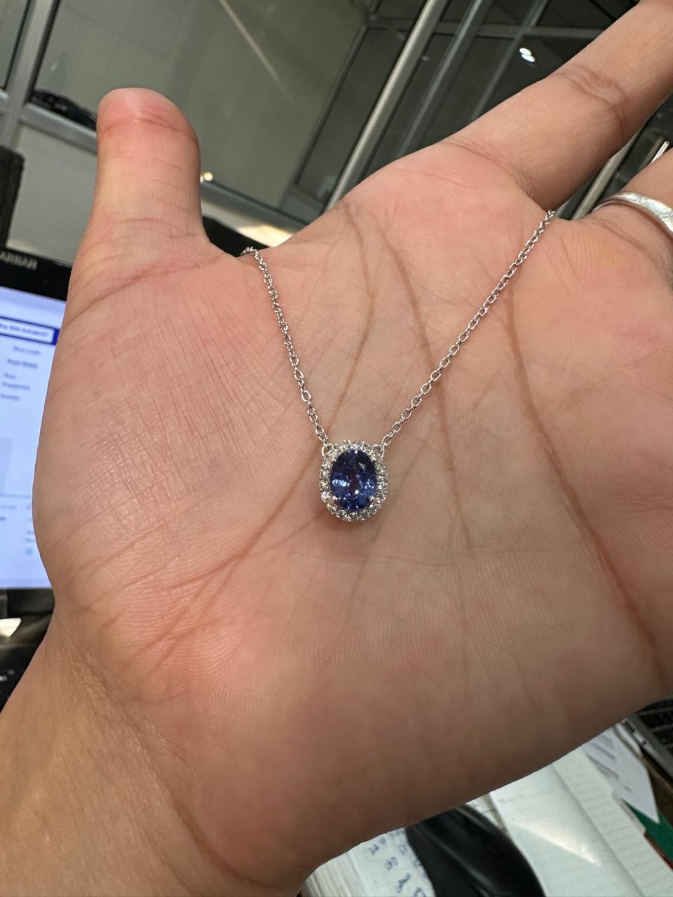 Natural Tanzanite Halo Pendant | 14k White Gold Moissanite Necklace