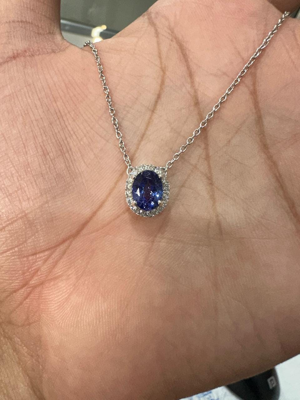 Natural Tanzanite Halo Pendant | 14k White Gold Moissanite Necklace