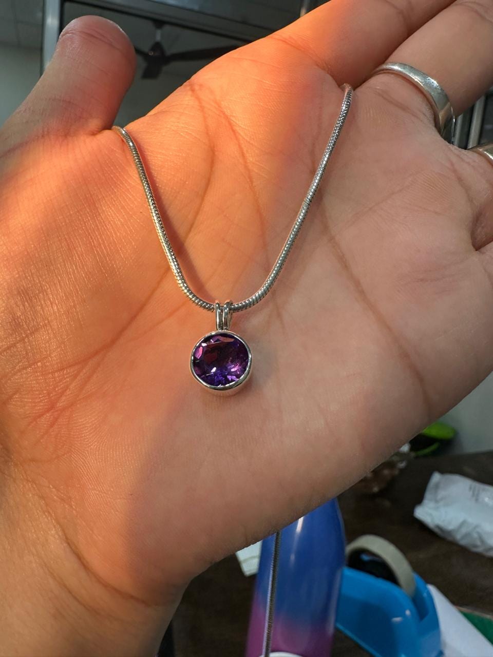 7CT Amethyst Bezel Set Pendant Necklace | 925 Silver | Snake Chain | Gift for him