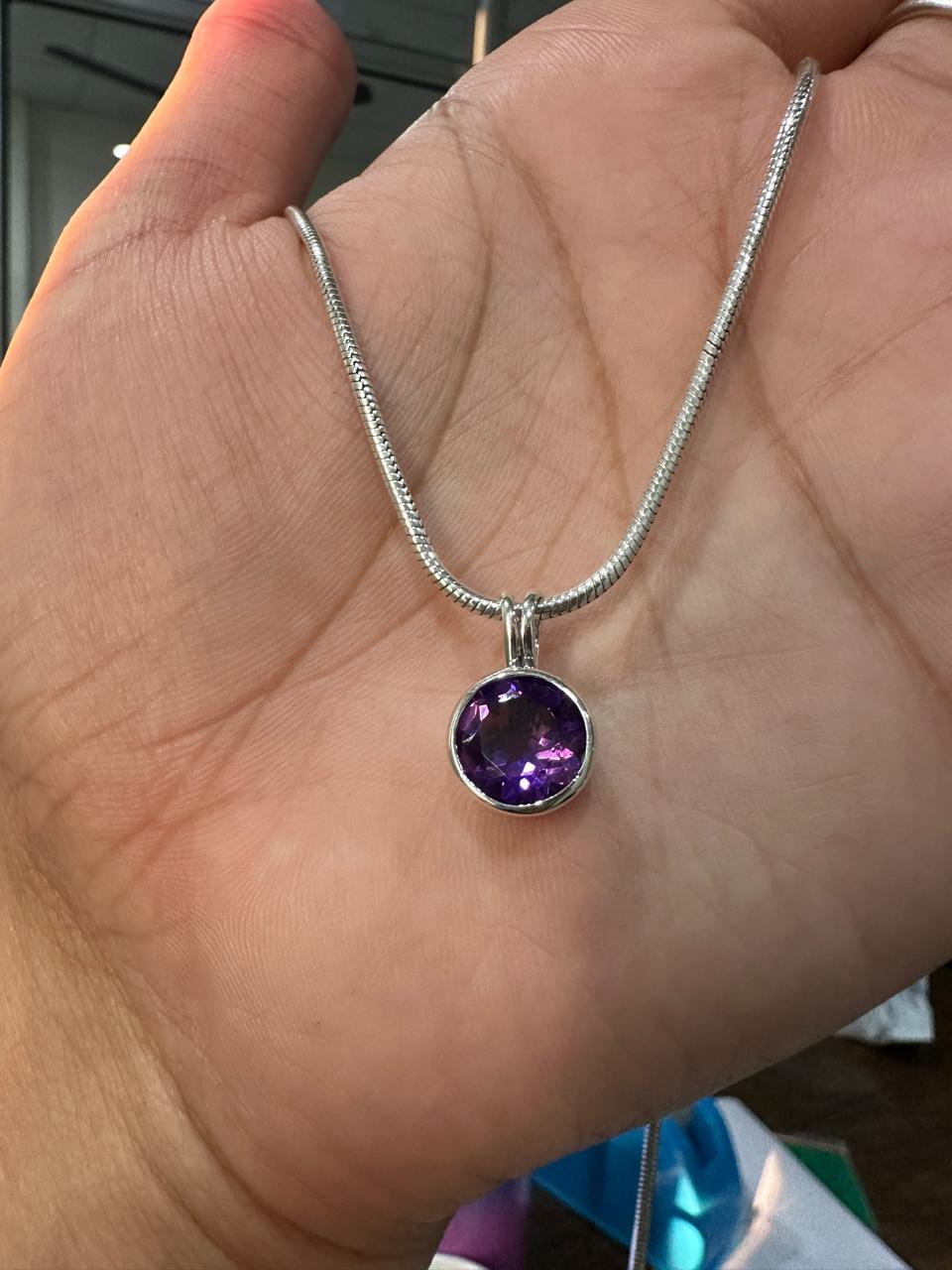 7CT Amethyst Bezel Set Pendant Necklace | 925 Silver | Snake Chain | Gift for him