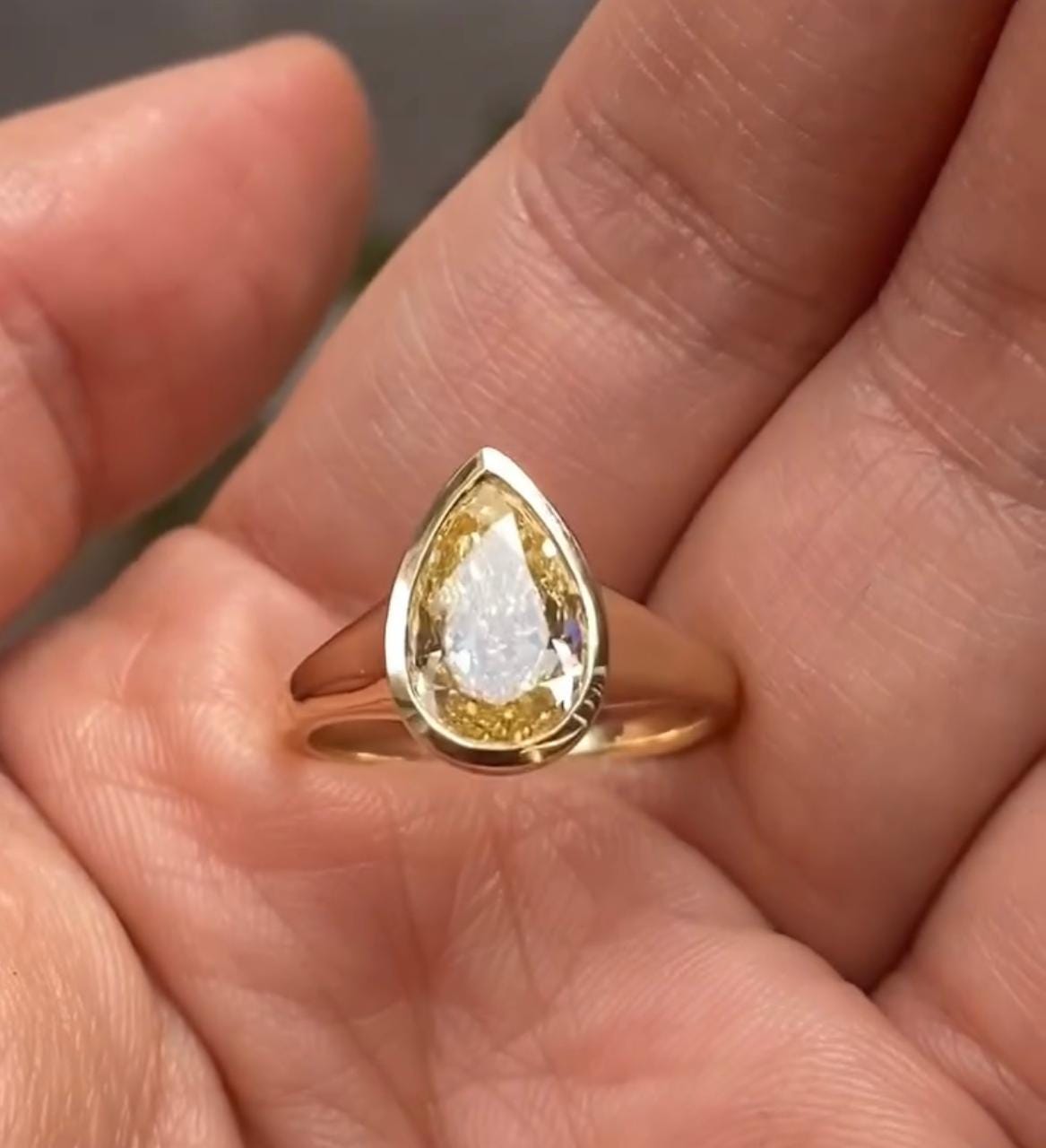 Pear Cut Yellow Moissanite Ring, 14K Gold Bezel Set Engagement Ring, Minimalist Solitaire