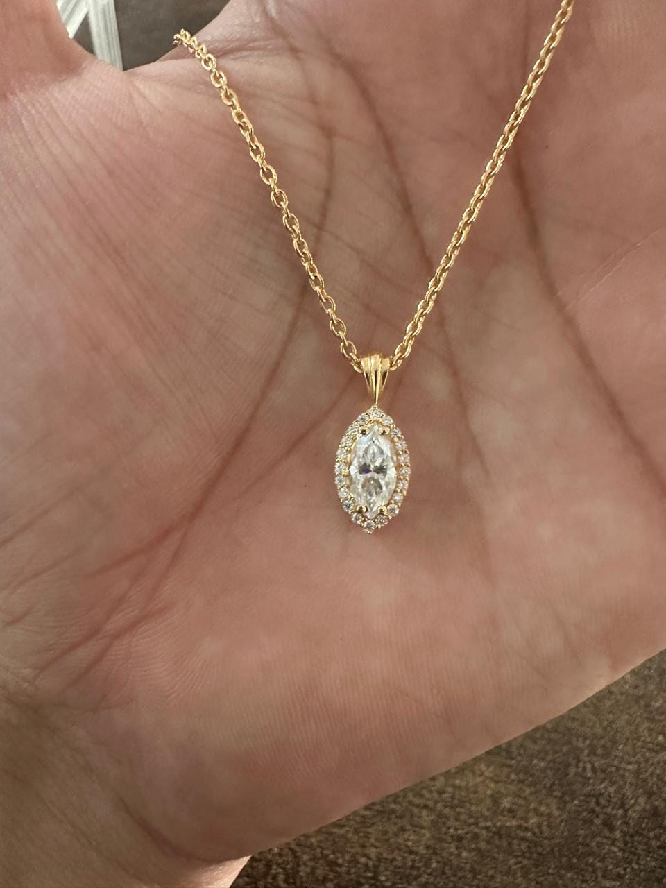 14K Gold Marquise Moissanite Halo Pendant Necklace - 1.75 Ct