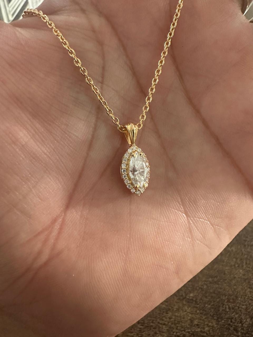 Marquise Moissanite Halo Pendant Necklace | 1.5 CT 14K Yellow Gold, Luxury Gift for Her