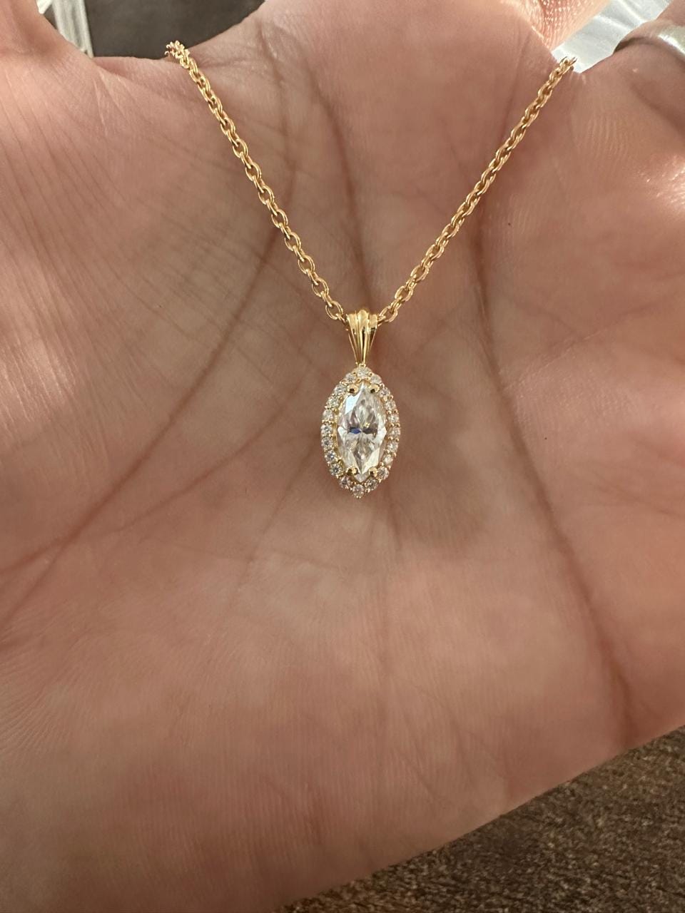 Marquise Moissanite Halo Pendant Necklace | 1.5 CT 14K Yellow Gold, Luxury Gift for Her